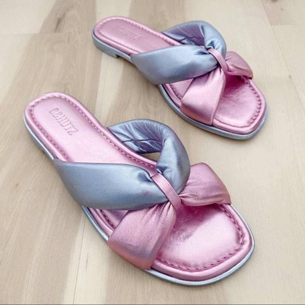 SCHUTZ Fairy Metallic Leather Flat Sandals Slides in Pink Blue Size 8.5